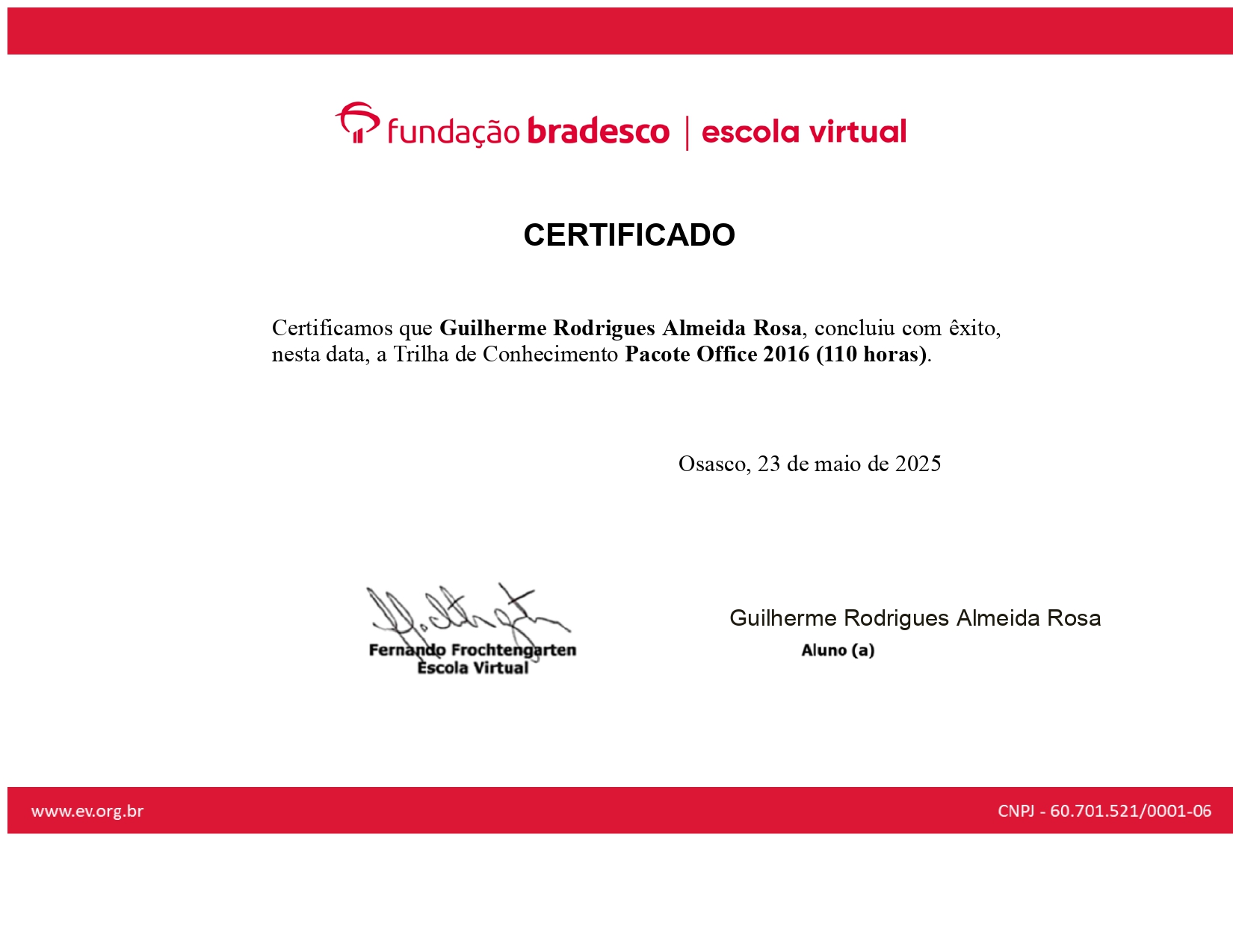 Certificado Pacote Office 2016